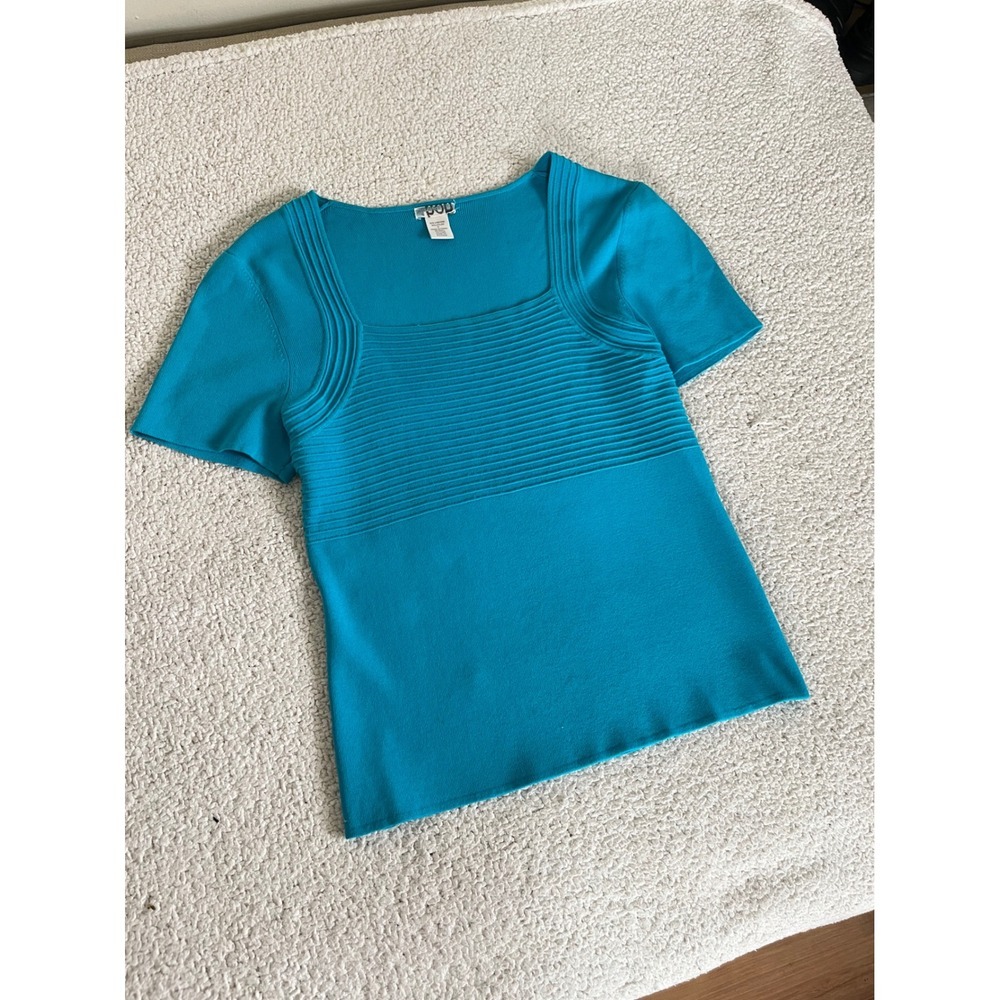 Pop Turquoise Blue Square Neck Ribbed Knit Top Retro Y2K Short Sleeve Medium